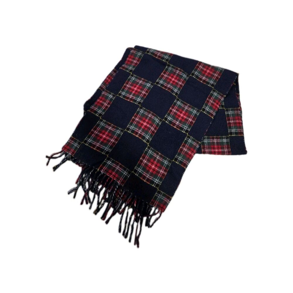 VTG GAP Navy Red Green Plaid Patchwork 100 Lambswool Fringe Scarf Italy Made EUC